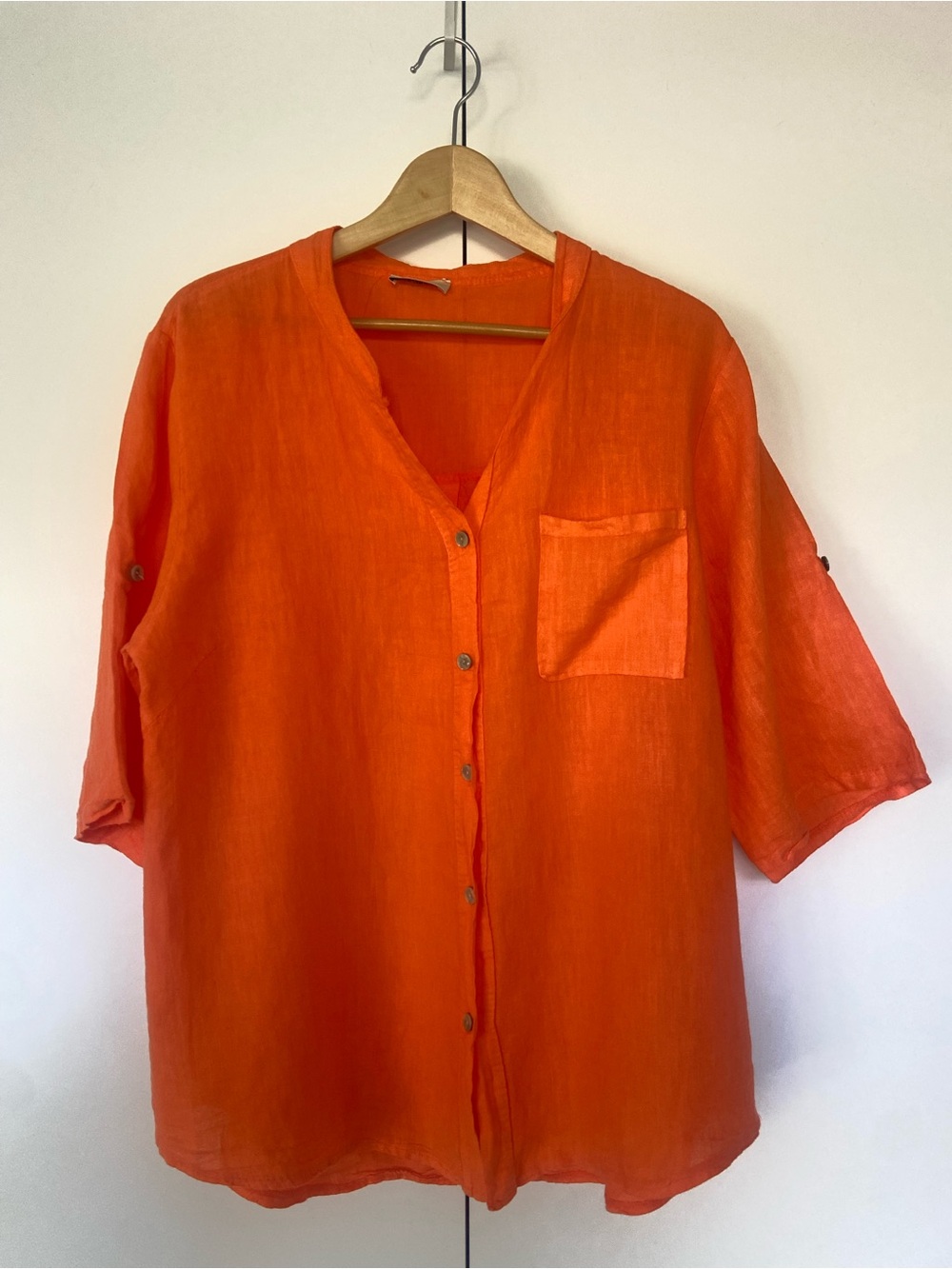 PURO LINO 100% Linen Henley Button Up Shirt Roll Tab Sleeve Orange XL Made Italy